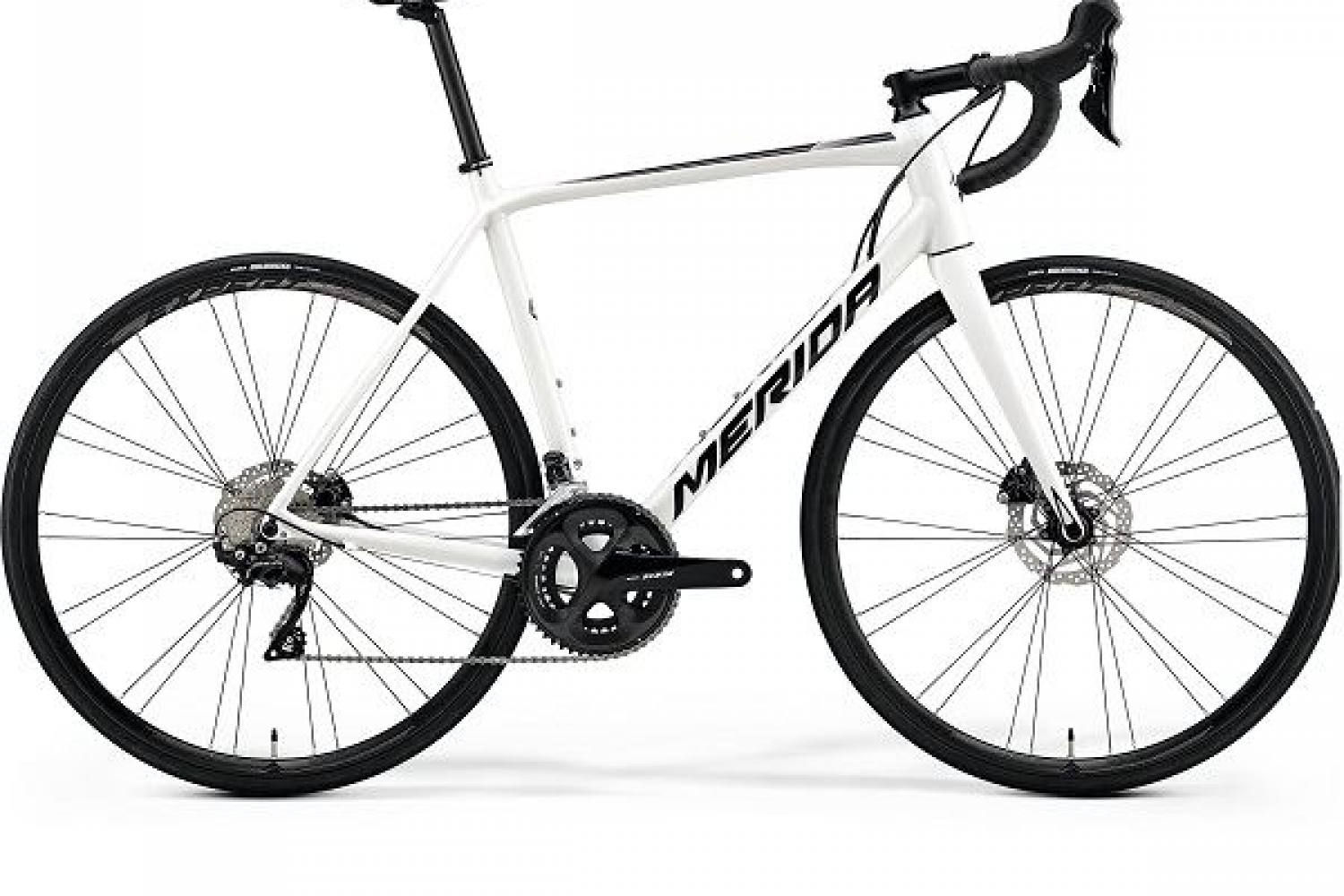 White racing bike with disk brakes.