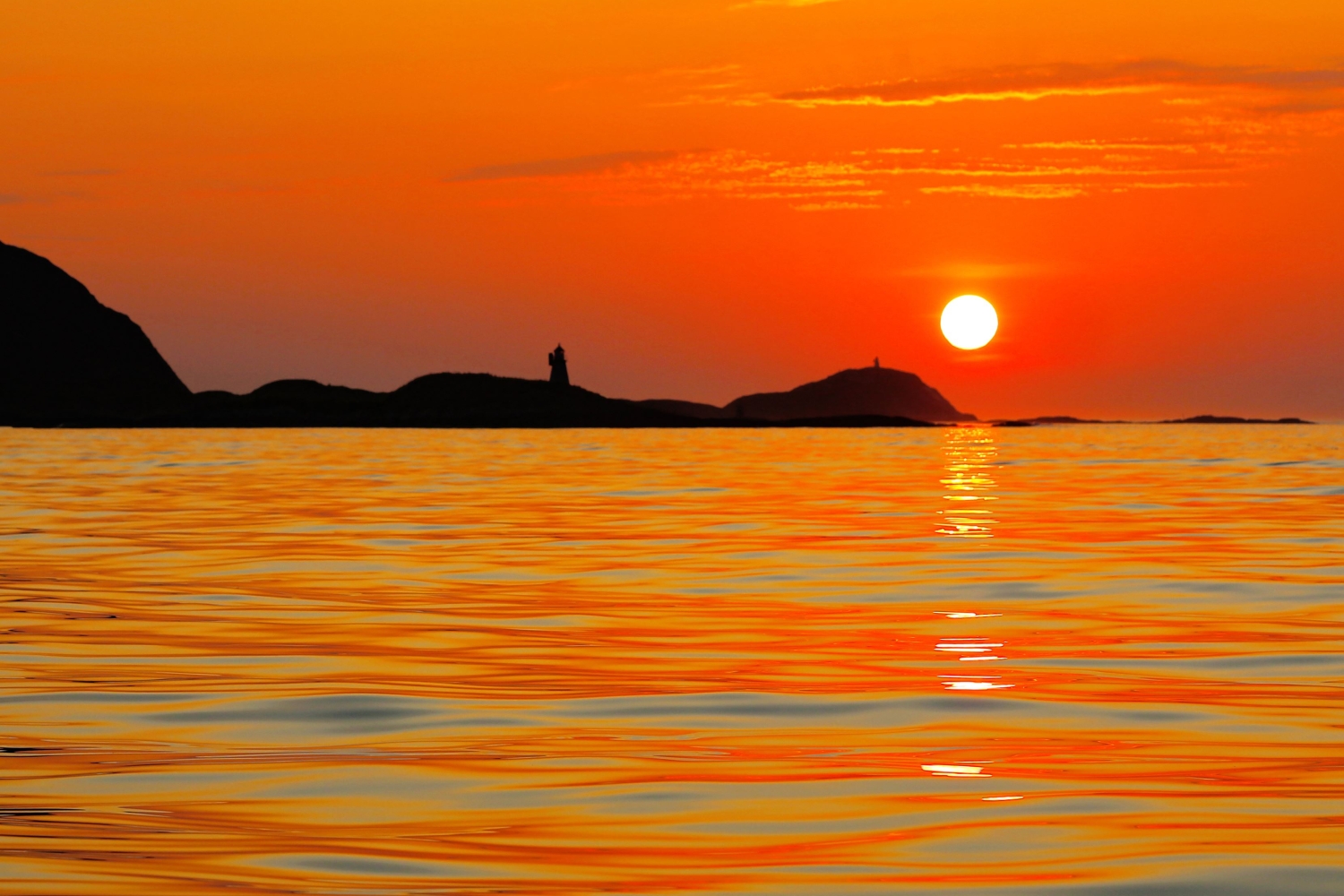 Midnight sun coloring the sky and sea orange