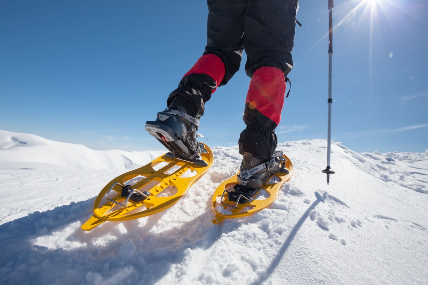 A persons feet with snowshoes on, sun in the background
