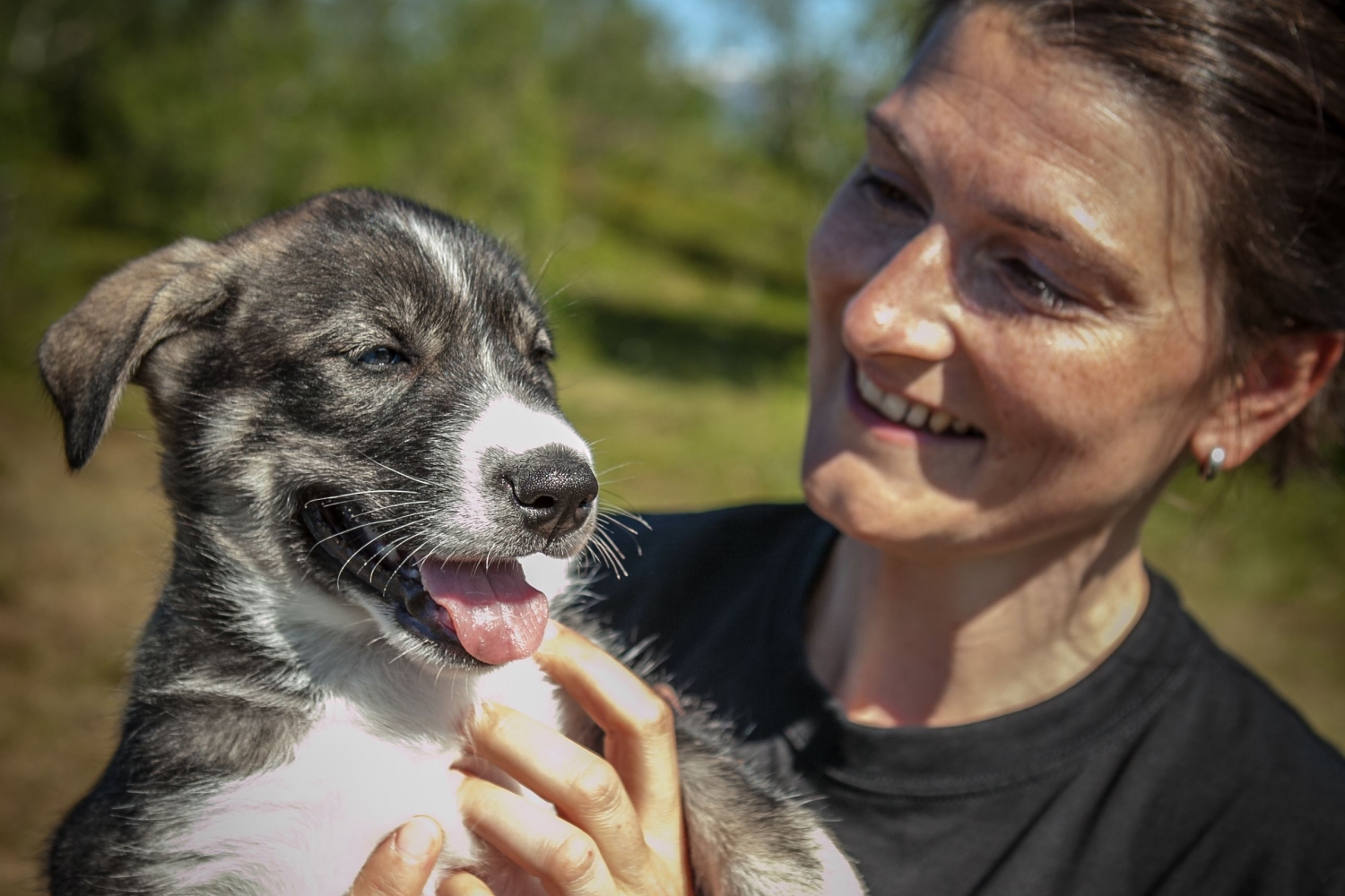 Lady holding an Alaskan husky puppy