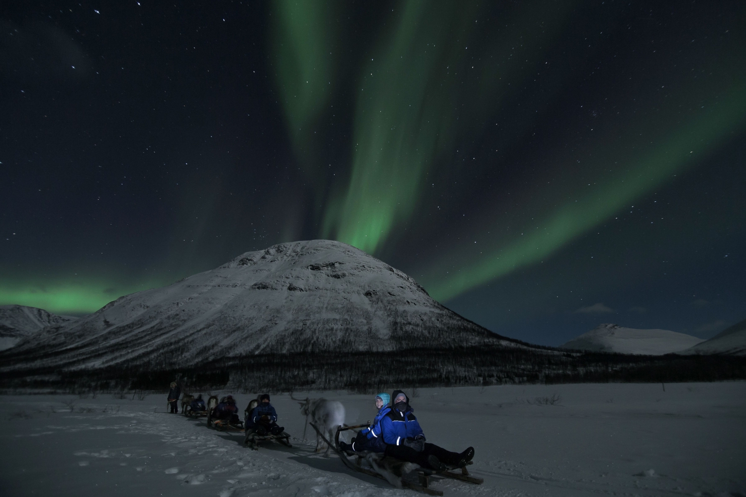 Reindeer sled and northern lights