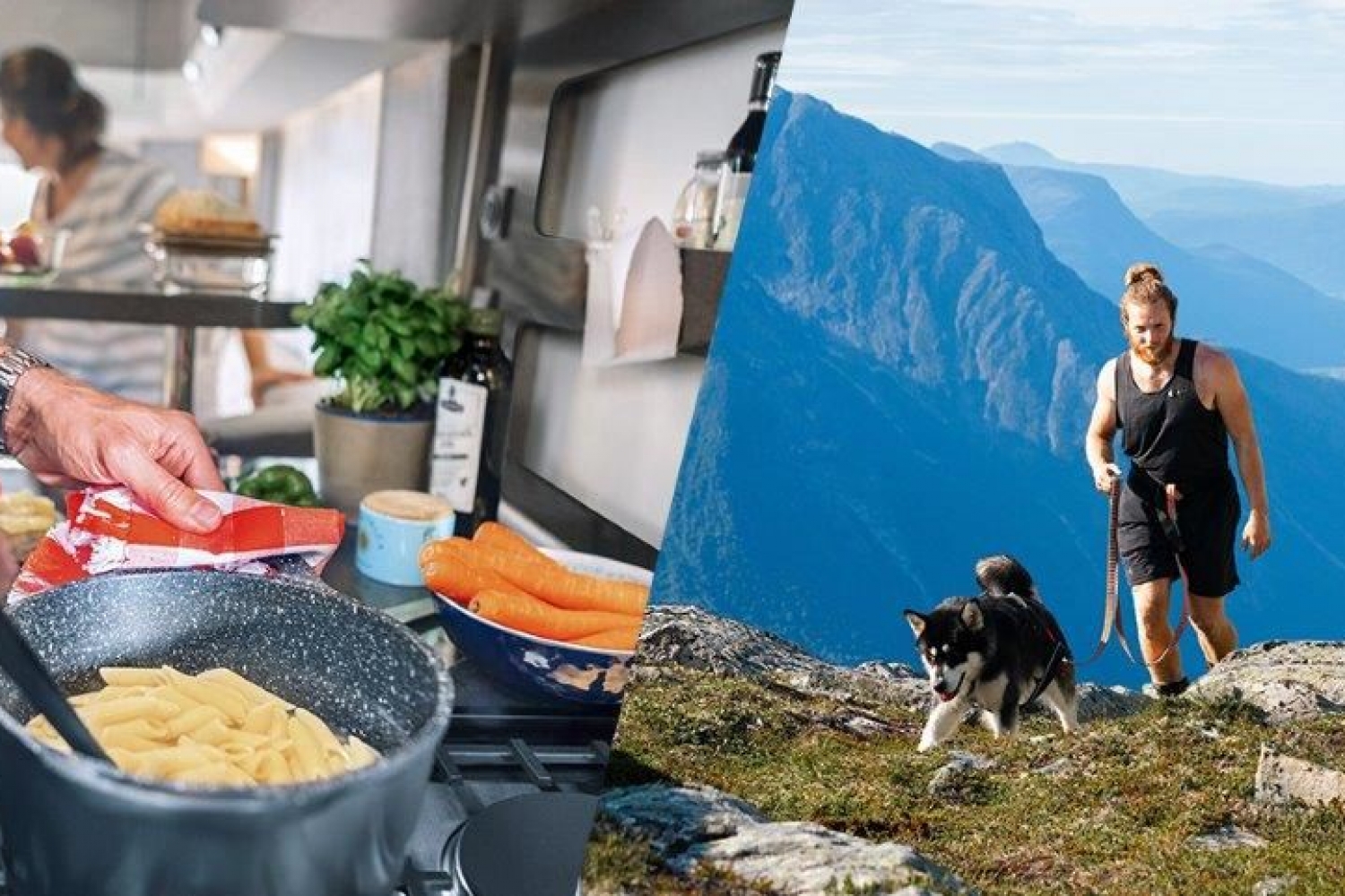Lager mat i bobil og dame på fjelltur med hund